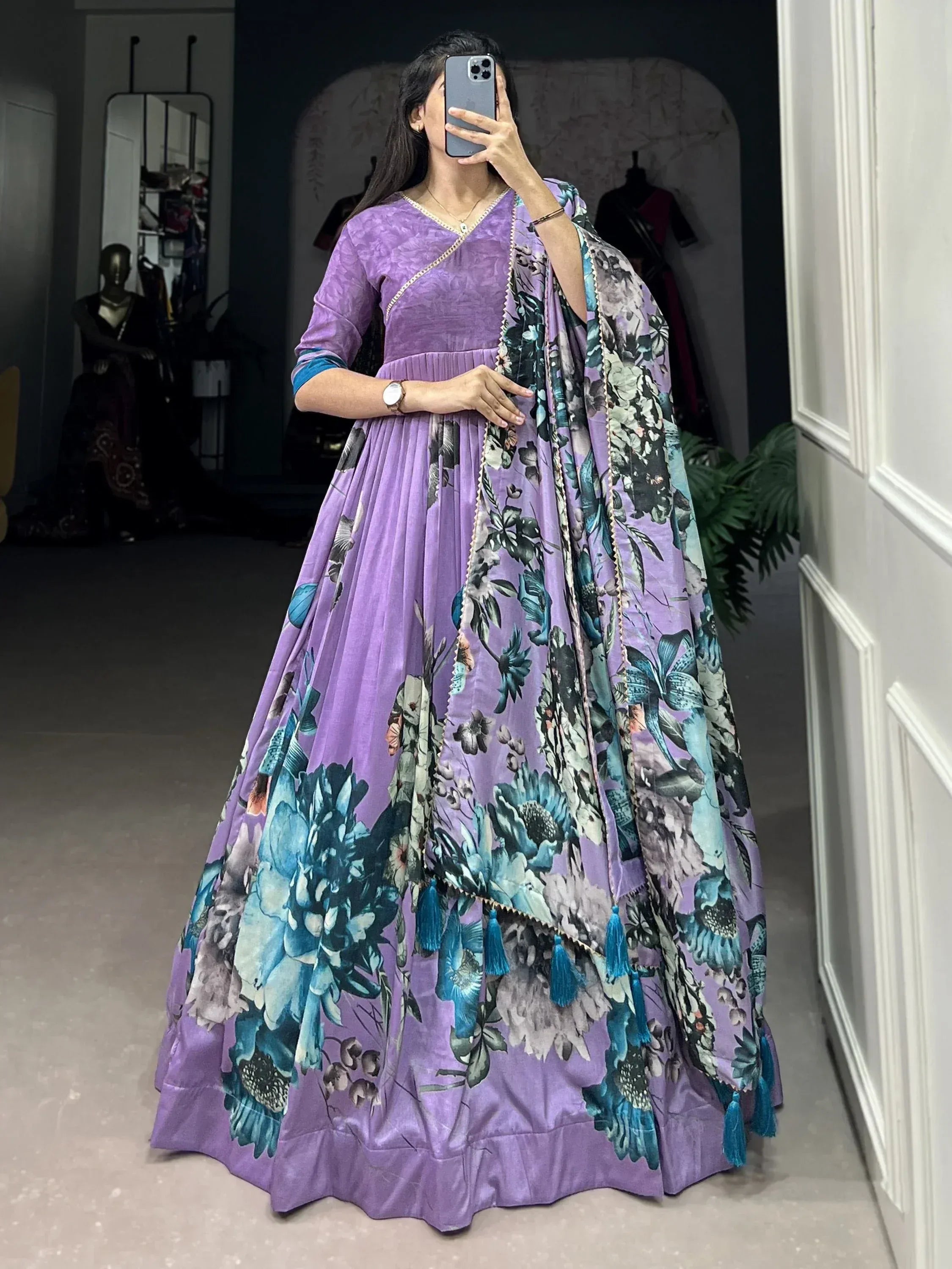 Purple floral print anarkali suit with blue tassels, ethnic Indian wear for women
