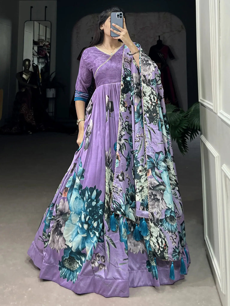 Attractive Lavender Floral Printed Silk Event Wear Gown With Dupatta