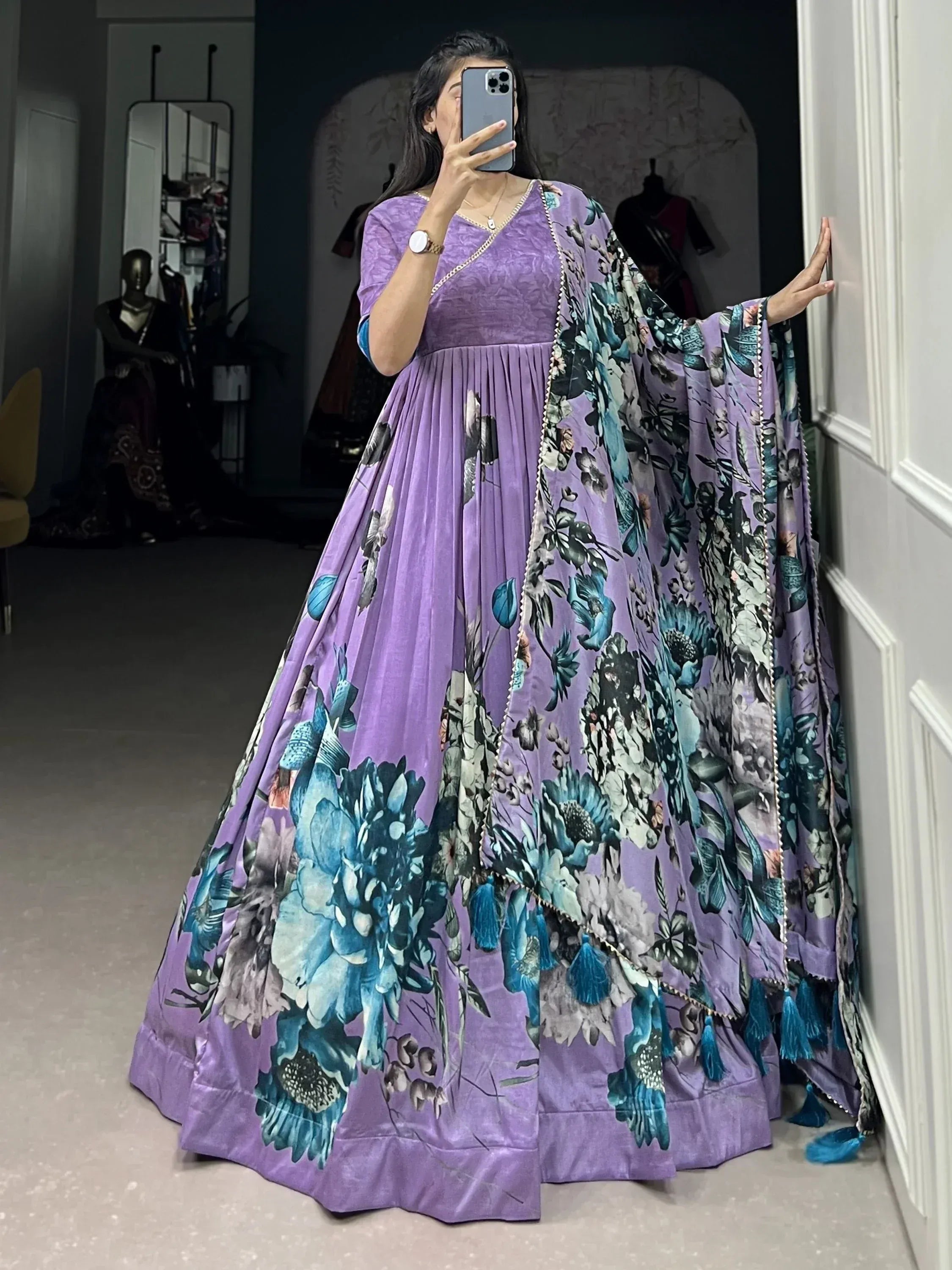 Purple floral printed anarkali gown with matching dupatta, ethnic Indian wear for women