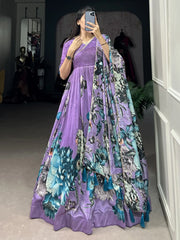 Attractive Lavender Floral Printed Silk Event Wear Gown With Dupatta