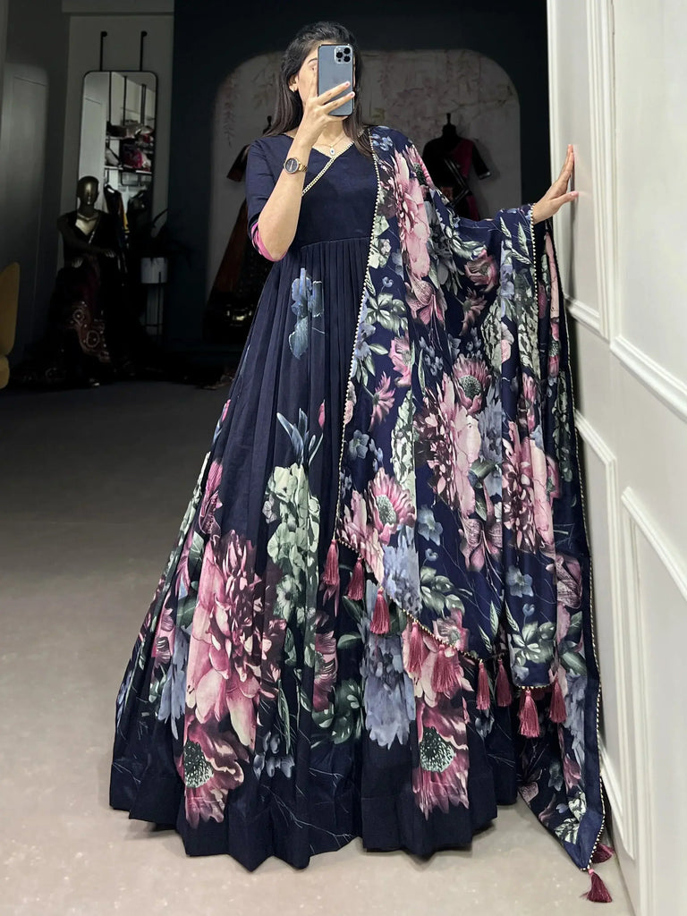 Ravishing Navy Blue Floral Printed Tussar Silk Traditional Gown