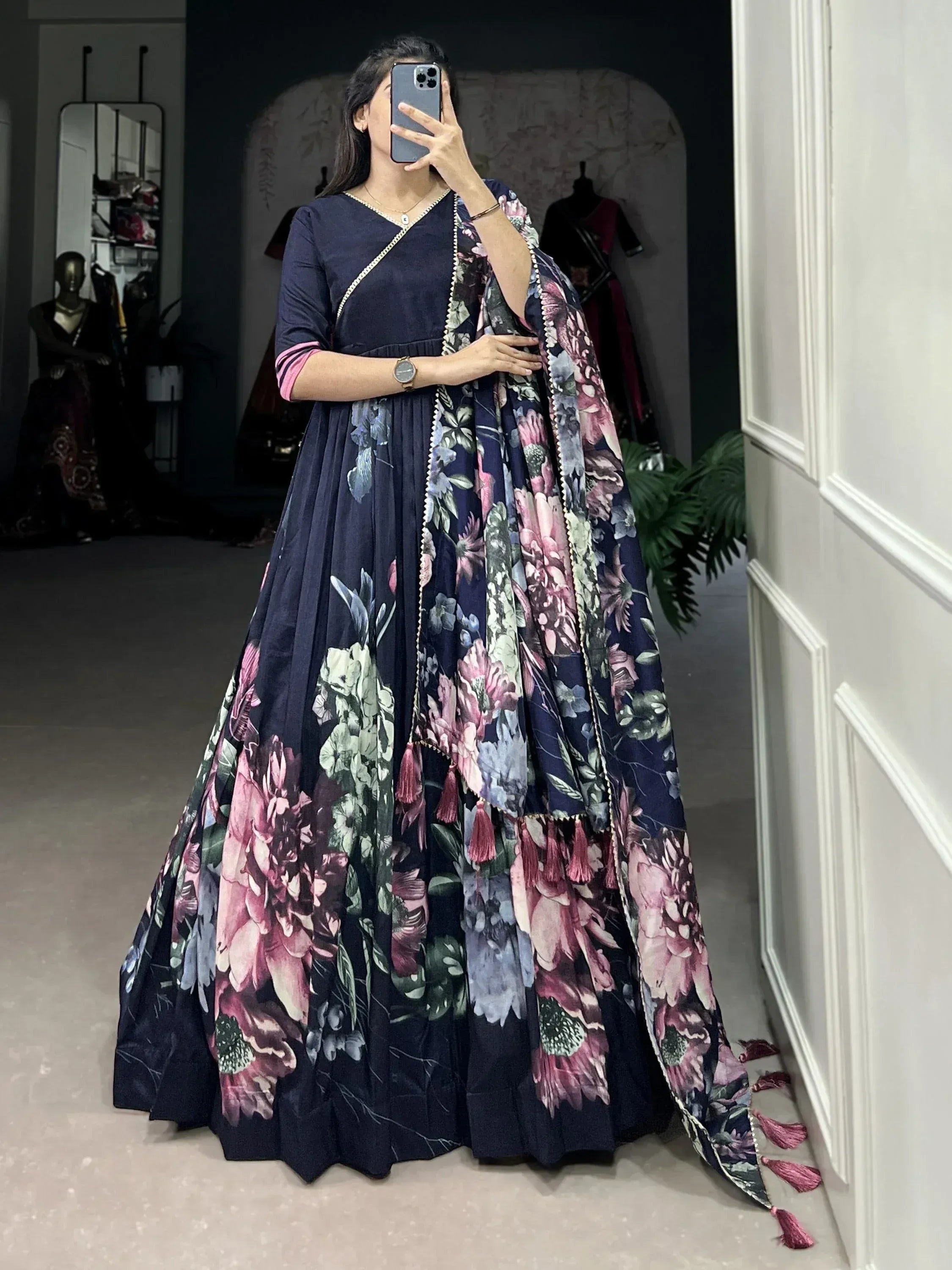Navy blue floral print ethnic gown with tassel dupatta, perfect for Indian occasions and parties