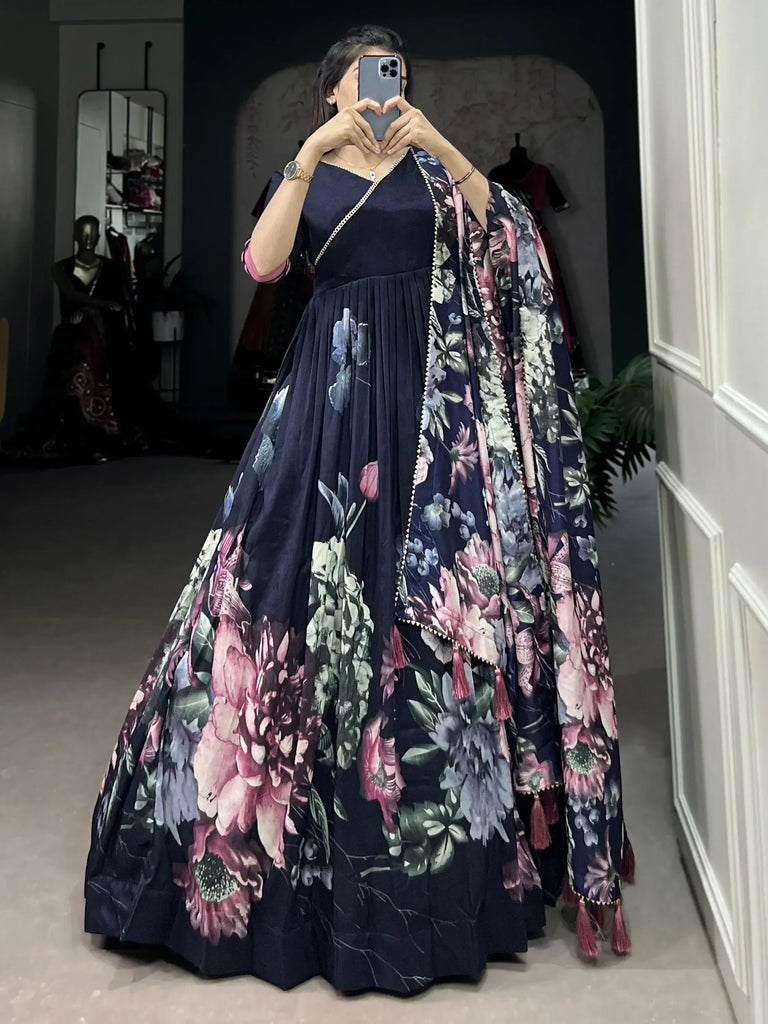 Ravishing Navy Blue Floral Printed Tussar Silk Traditional Gown