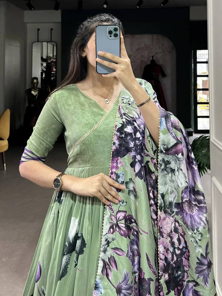 Pretty Sea Green Floral Printed Silk Festival Wear Gown With Dupatta