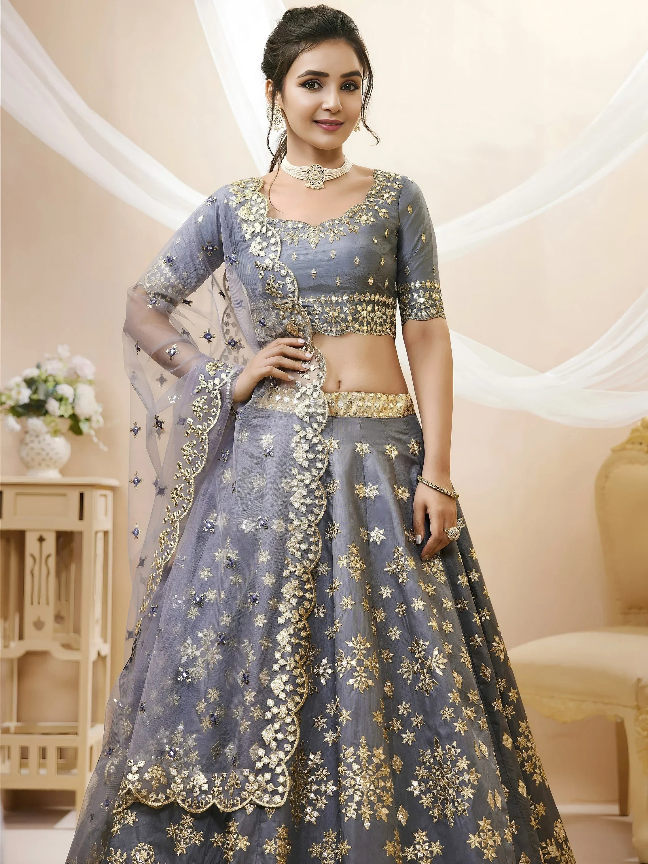 Marvelous Grey Embroidered Art Silk Engagement Wear Lehenga Choli