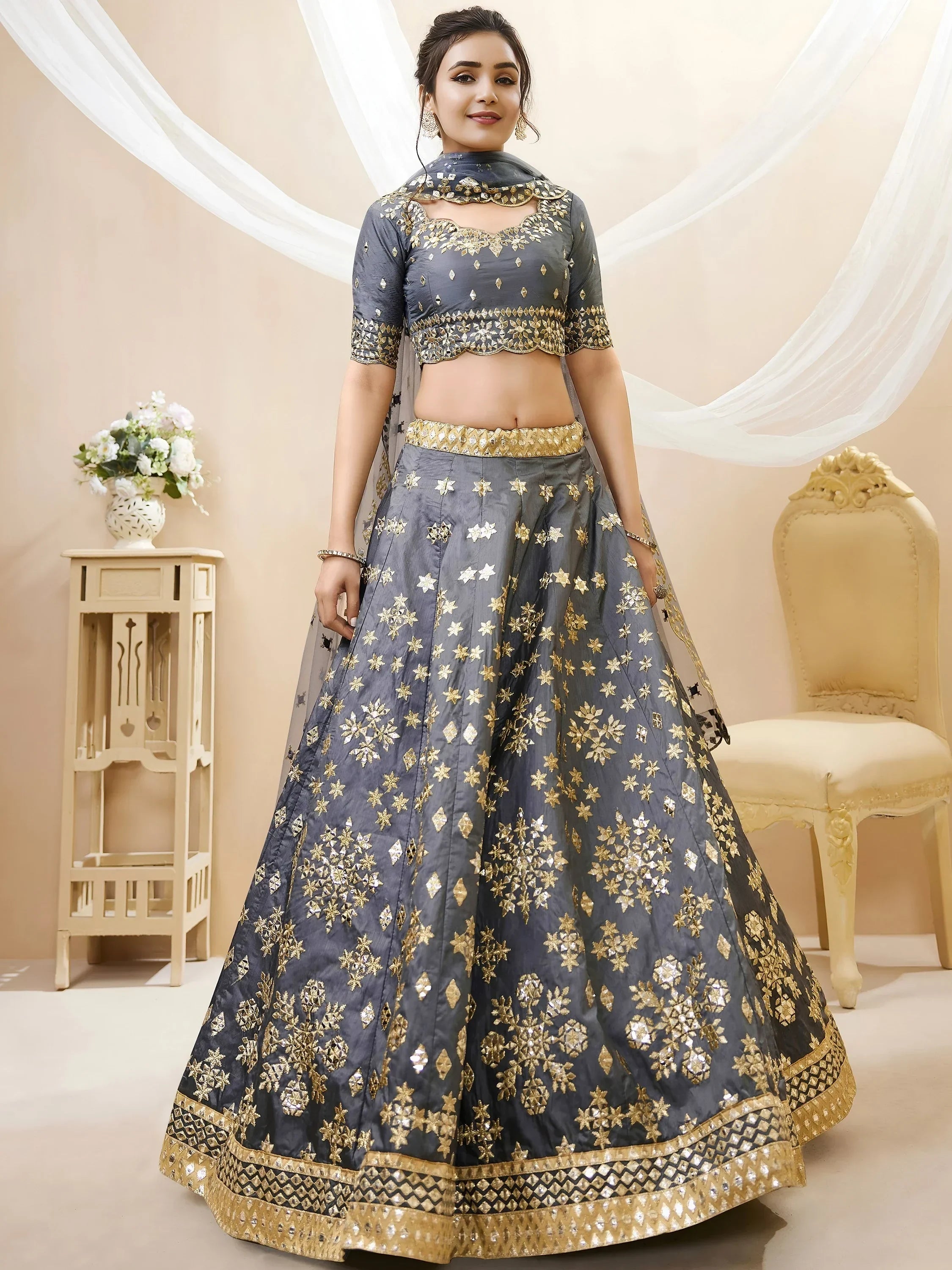 Marvelous Grey Embroidered Art Silk Engagement Wear Lehenga Choli