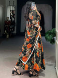 Lovely Orange Floral Print Georgette Casual Wear Gown With Dupatta