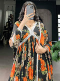 Lovely Orange Floral Print Georgette Casual Wear Gown With Dupatta