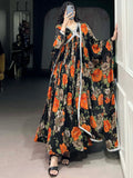 Lovely Orange Floral Print Georgette Casual Wear Gown With Dupatta