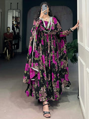 Beautiful Pink Floral Print Georgette Casual Wear Gown With Dupatta