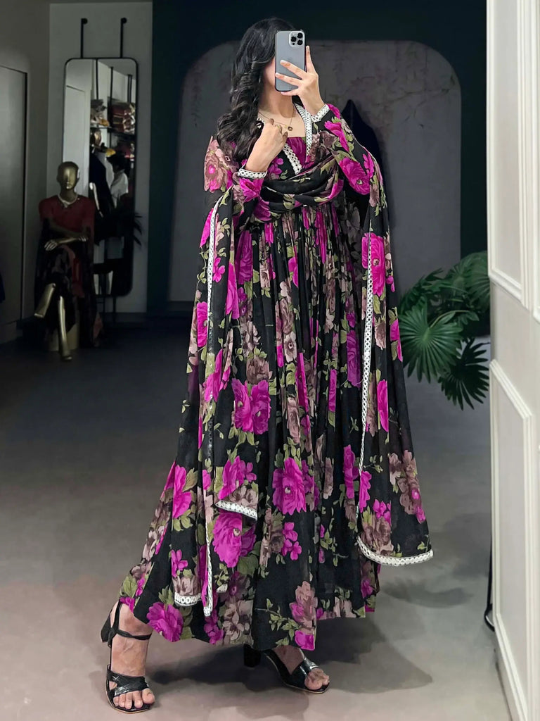 Beautiful Pink Floral Print Georgette Casual Wear Gown With Dupatta