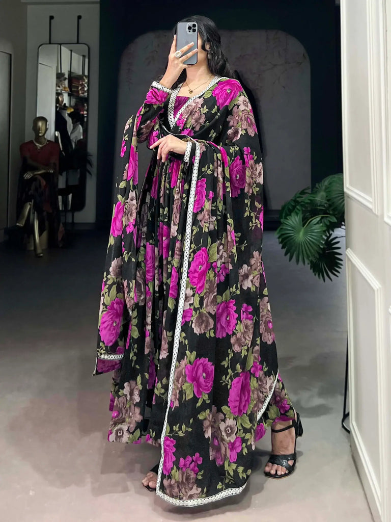 Beautiful Pink Floral Print Georgette Casual Wear Gown With Dupatta