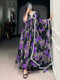 Stunning Purple Floral Print Georgette Gown With Dupatta