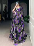 Stunning Purple Floral Print Georgette Gown With Dupatta