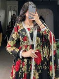 Attractive Red Floral Print Georgette Traditional Gown With Dupatta