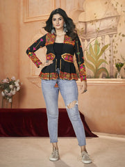 Fashionable Black Embroidered Silk Navratri Wear Kediya Style Kurti
