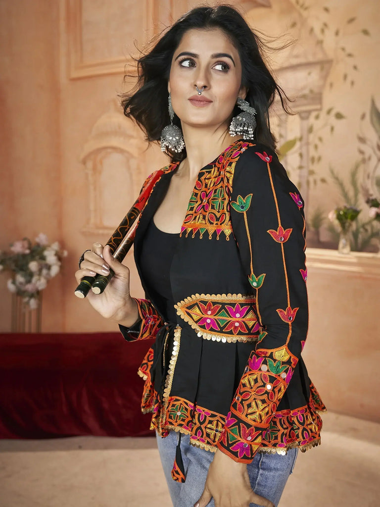 Fashionable Black Embroidered Silk Navratri Wear Kediya Style Kurti