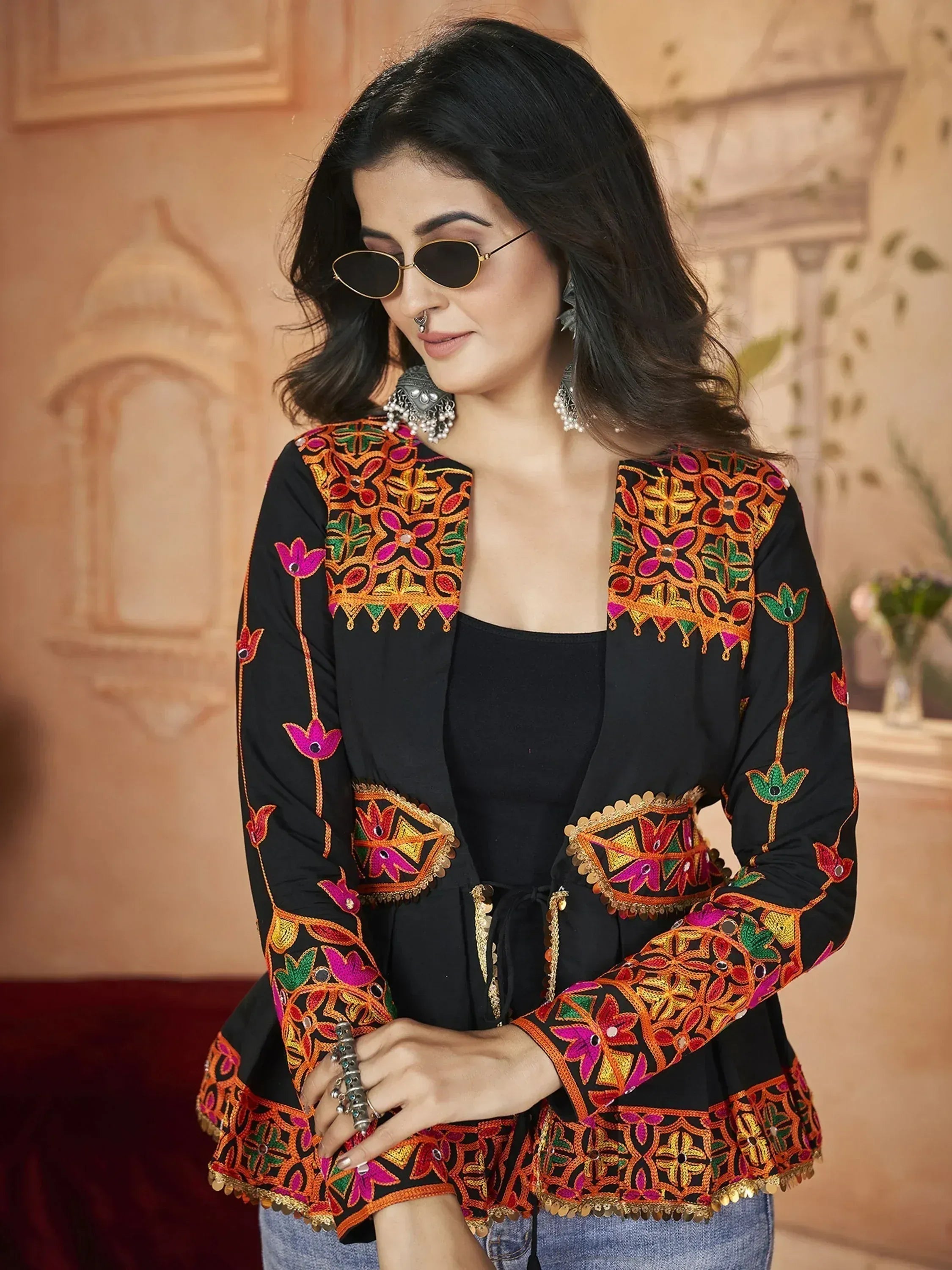 Black embroidered ethnic jacket with colorful floral patterns, perfect for Indian wear or fusion style