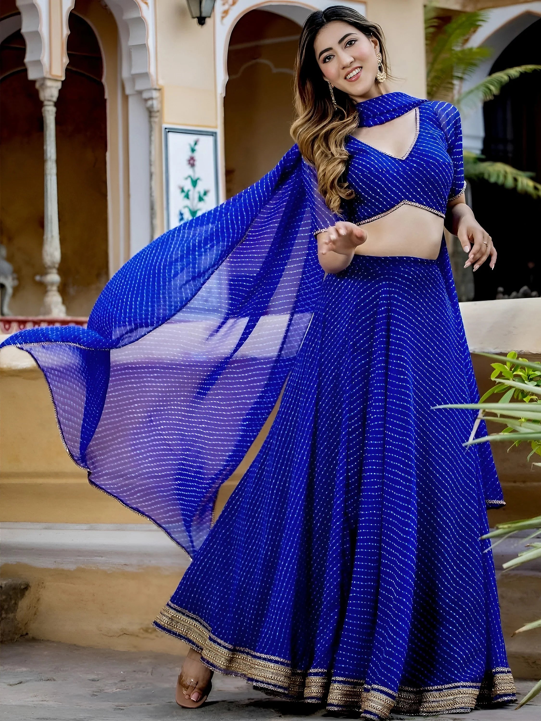 Gorgeous Blue Laheriya Print Georgette Wedding Wear Lehenga Choli