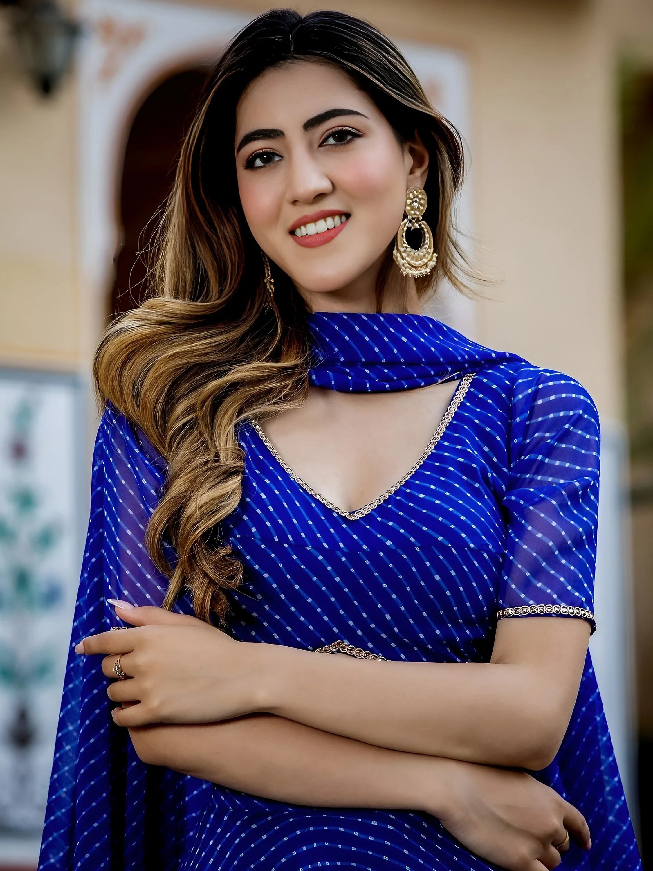 Gorgeous Blue Laheriya Print Georgette Wedding Wear Lehenga Choli