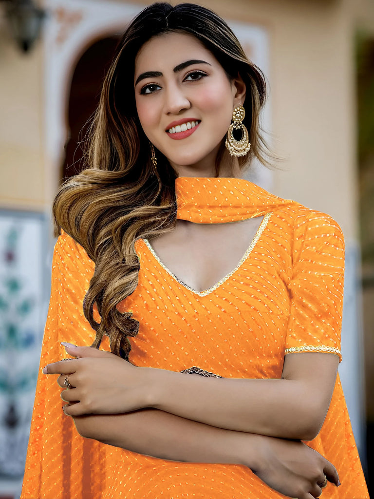 Pretty Orange Laheriya Print Georgette Wedding Lehenga Choli