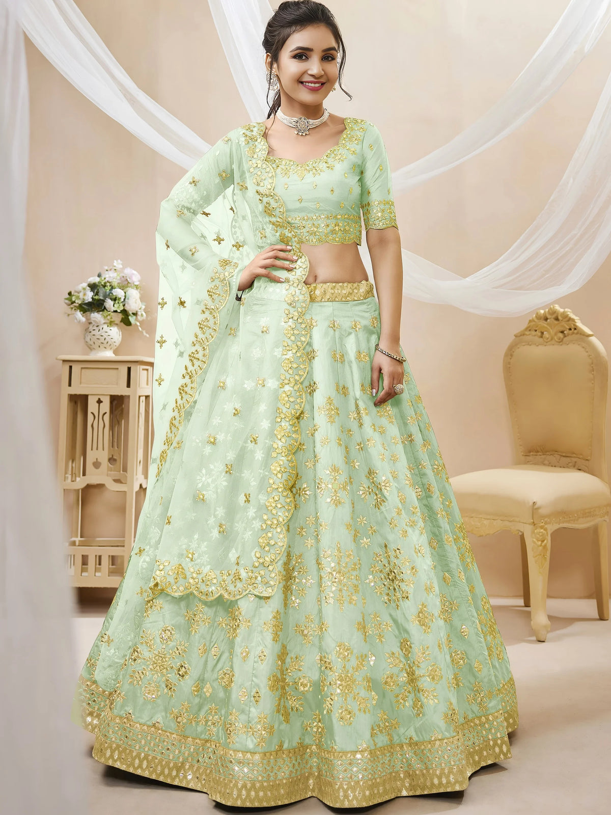 Mesmerizing Pista Embroidered Art Silk Reception Wear Lehenga Choli