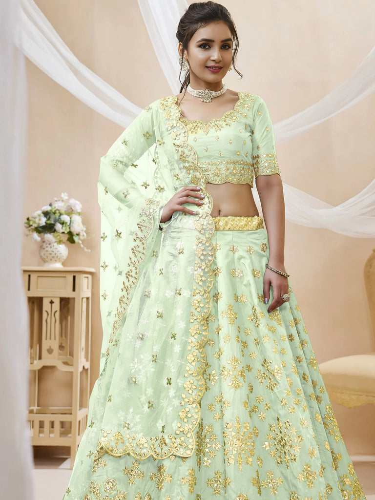 Mesmerizing Pista Embroidered Art Silk Reception Wear Lehenga Choli