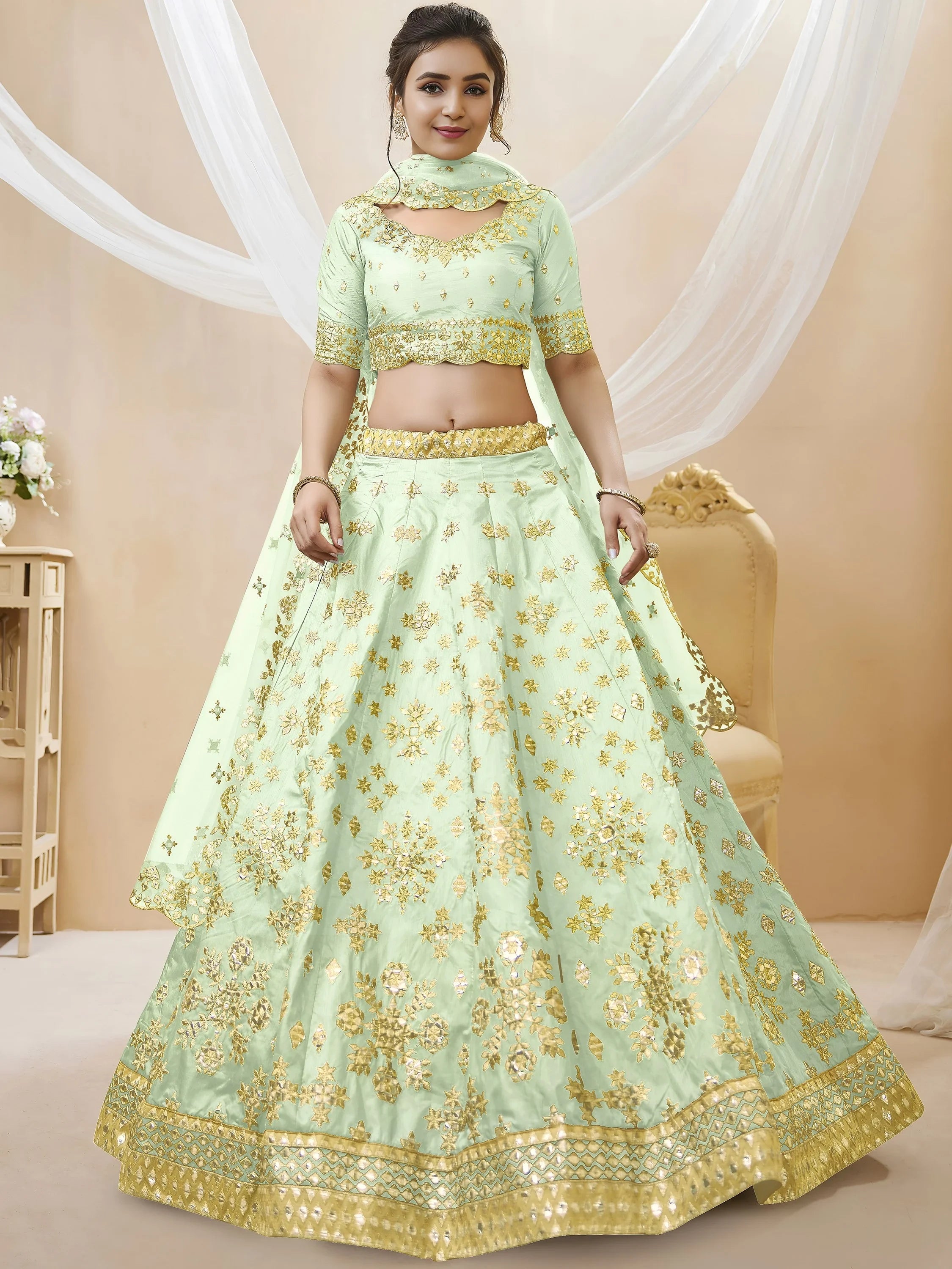Mesmerizing Pista Embroidered Art Silk Reception Wear Lehenga Choli