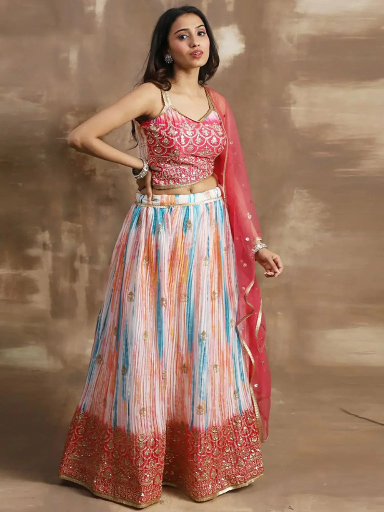 Fascinating White & Pink Zari Work Chinon Event Wear Lehenga Choli