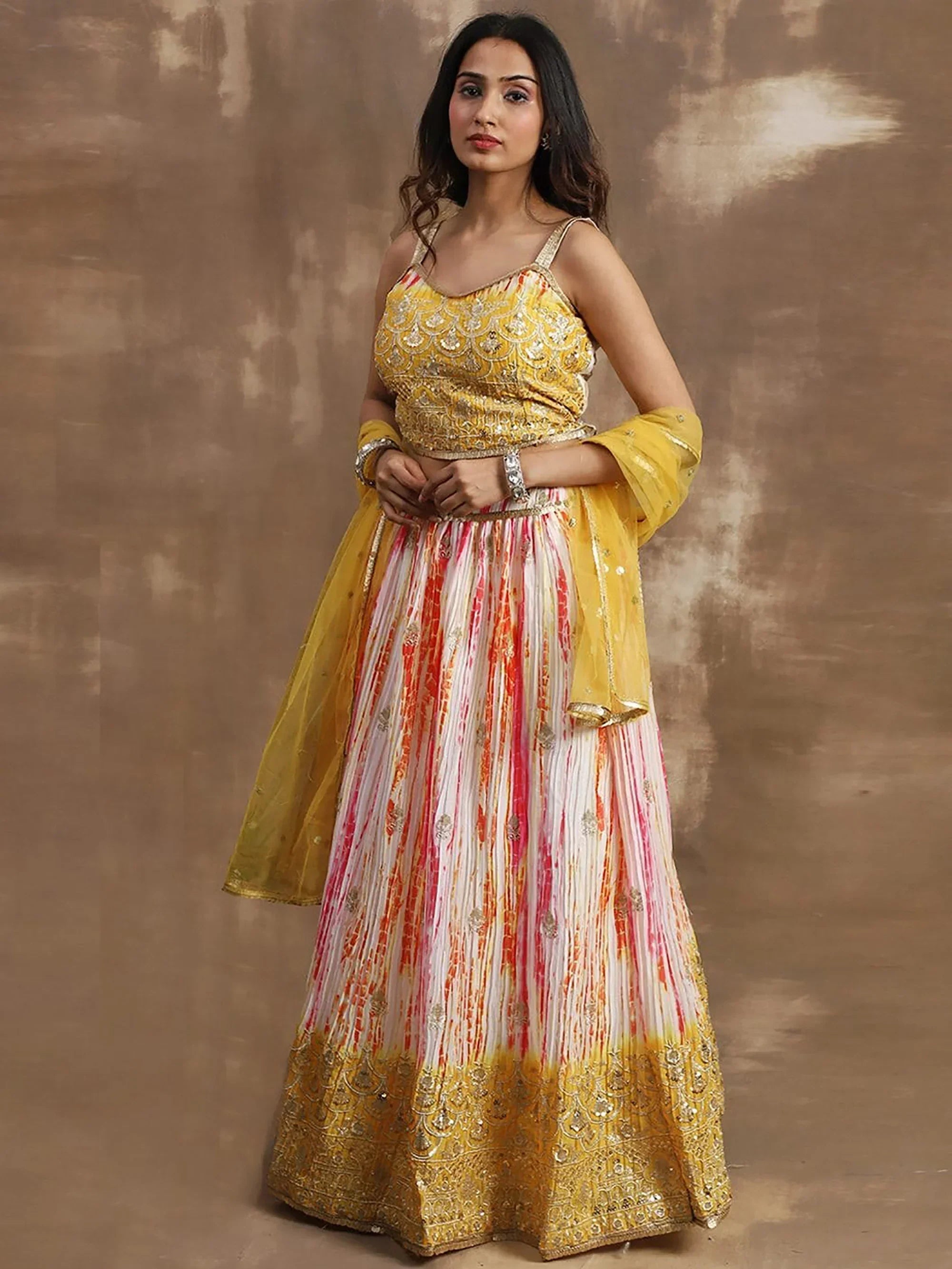 Alluring White & Yellow Sequins Chinon Haldi Wear Lehenga Choli