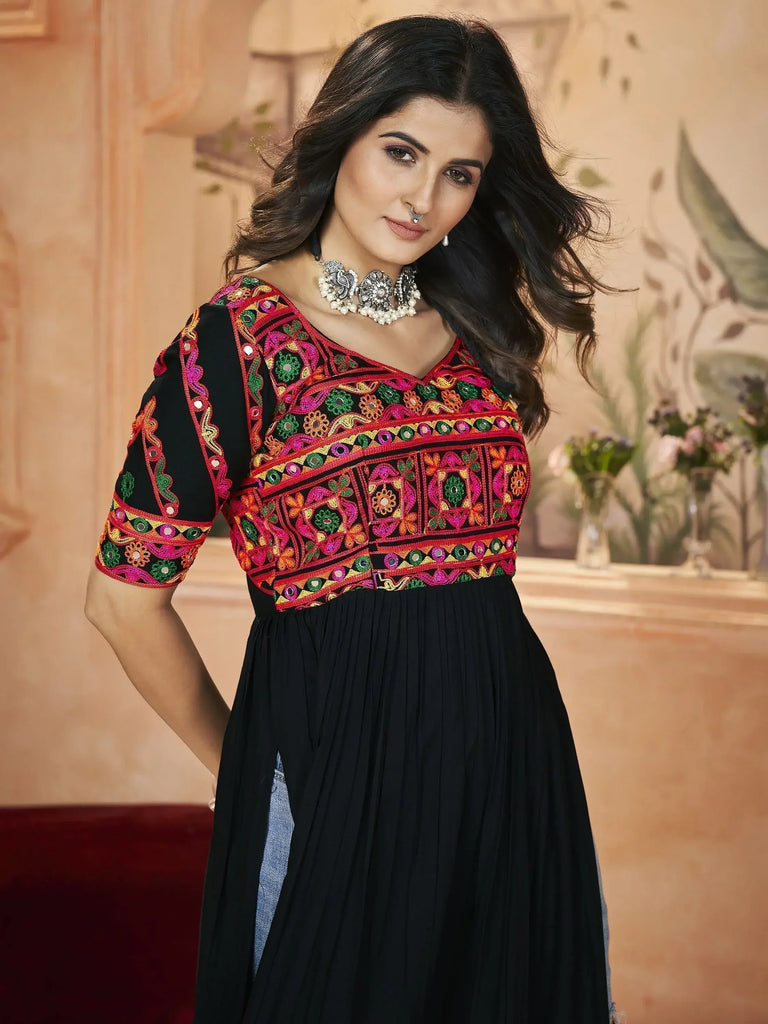 Beautiful Black Color Embroidered Rayon Navratri Wear Long Kurti