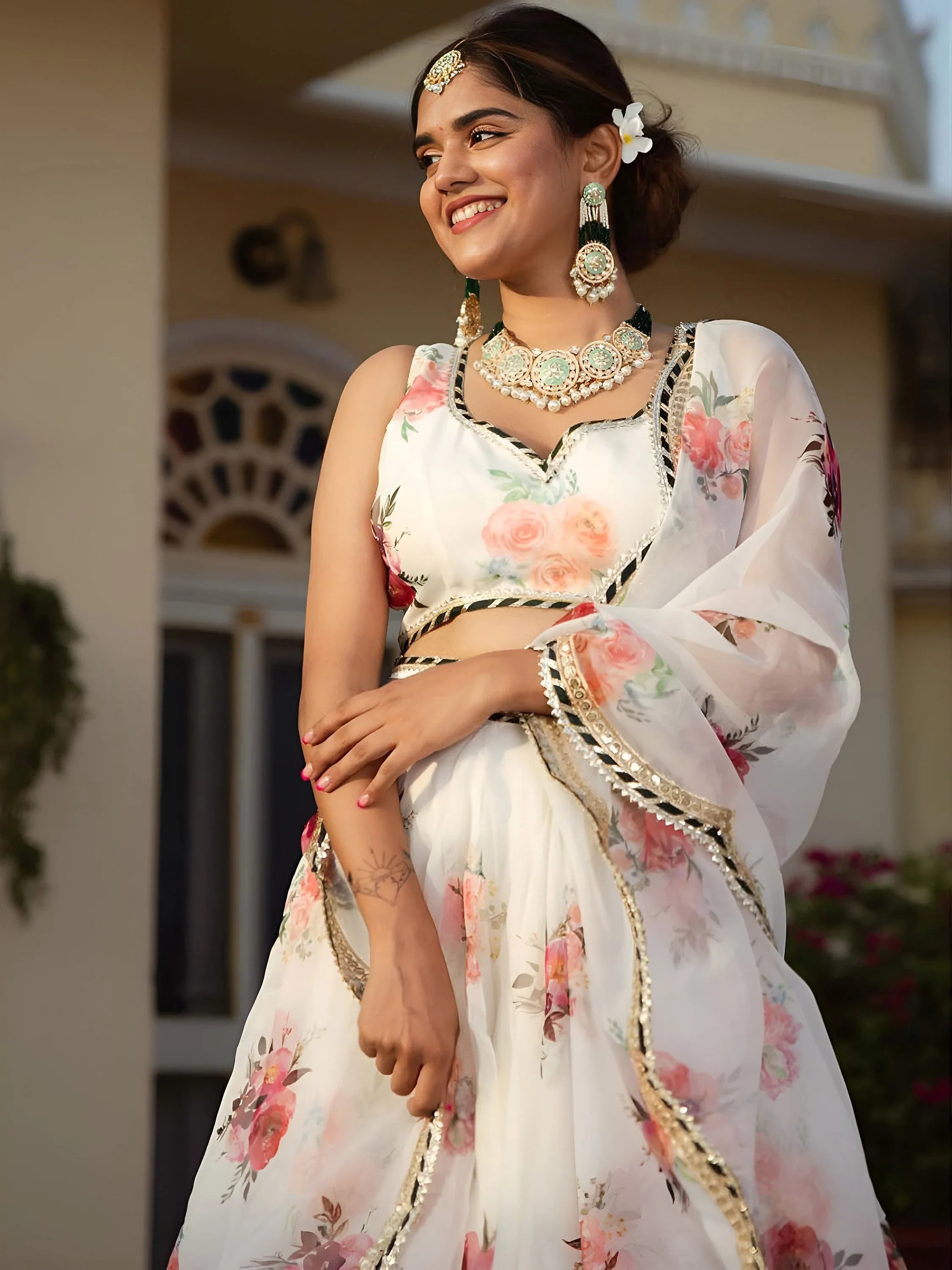 Magnetic White Floral Printed Organza Festival Wear Lehenga Choli