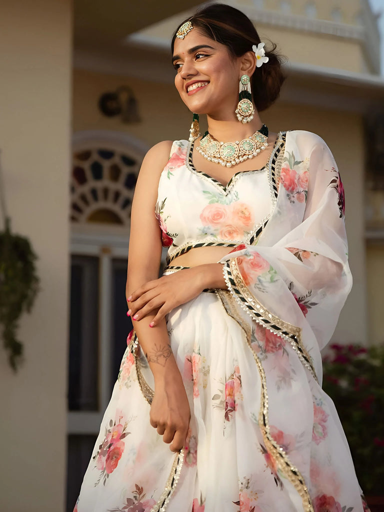 Magnetic White Floral Printed Organza Festival Wear Lehenga Choli