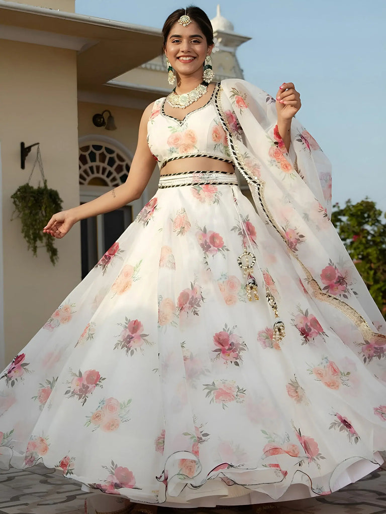 Magnetic White Floral Printed Organza Festival Wear Lehenga Choli
