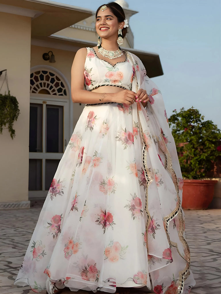Magnetic White Floral Printed Organza Festival Wear Lehenga Choli