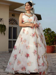 Magnetic White Floral Printed Organza Festival Wear Lehenga Choli