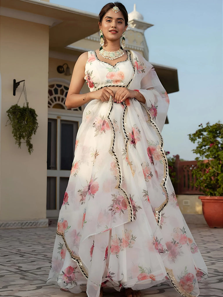 Magnetic White Floral Printed Organza Festival Wear Lehenga Choli