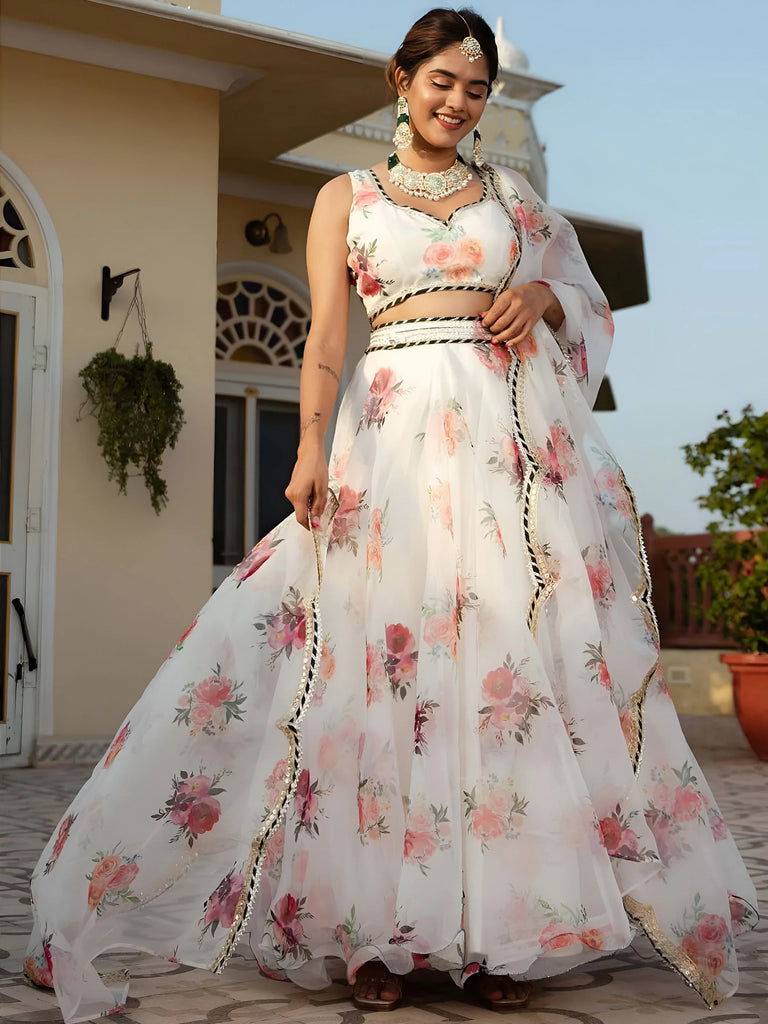 Magnetic White Floral Printed Organza Festival Wear Lehenga Choli