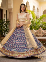 Glowing Blue Digital Printed Silk Wedding Wear Lehenga Choli