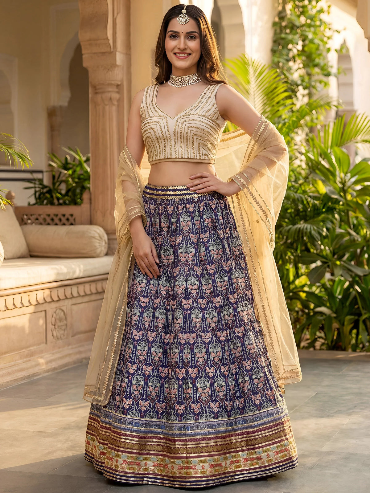 Glowing Blue Digital Printed Silk Wedding Wear Lehenga Choli