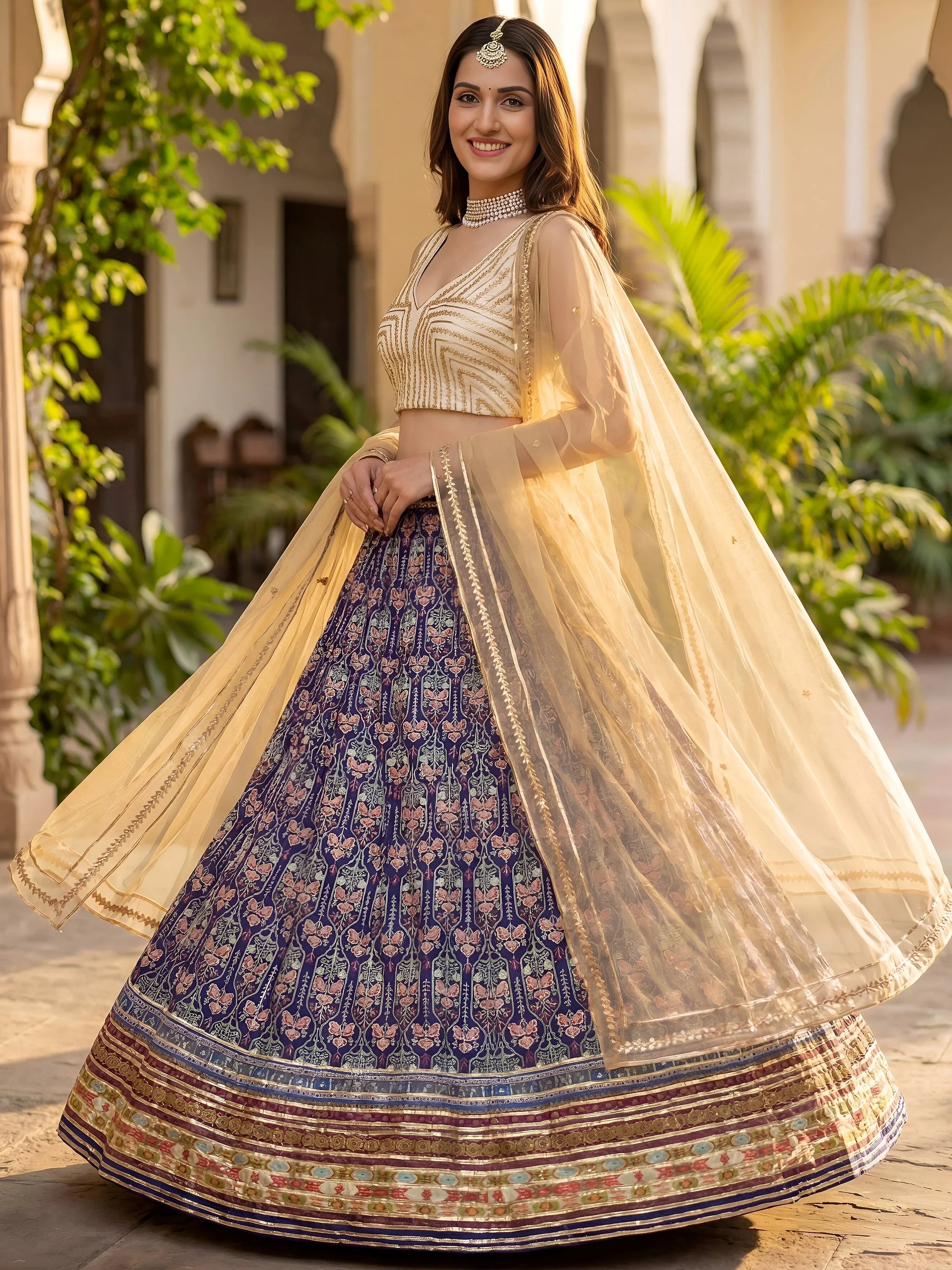 Glowing Blue Digital Printed Silk Wedding Wear Lehenga Choli