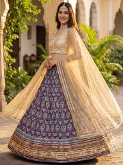 Glowing Blue Digital Printed Silk Wedding Wear Lehenga Choli