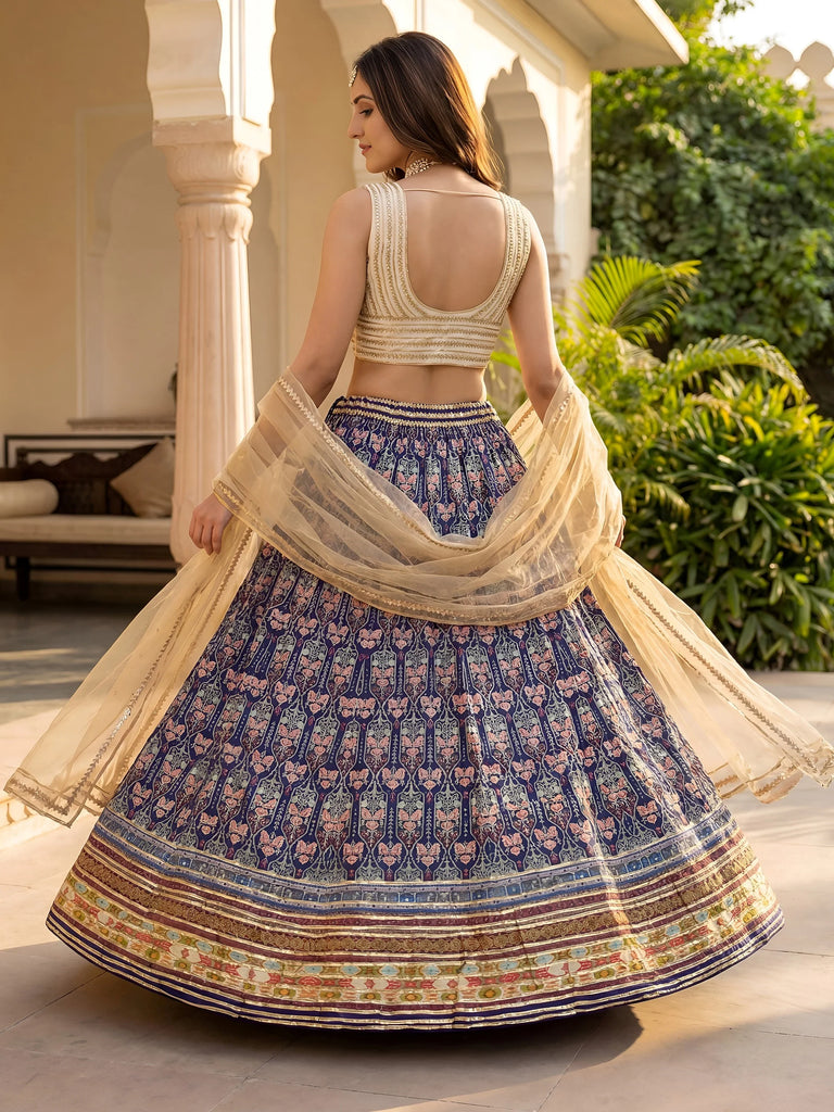 Glowing Blue Digital Printed Silk Wedding Wear Lehenga Choli