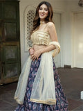 Beautiful Navy Blue Digital Printed Art Silk Reception Wear Lehenga Choli