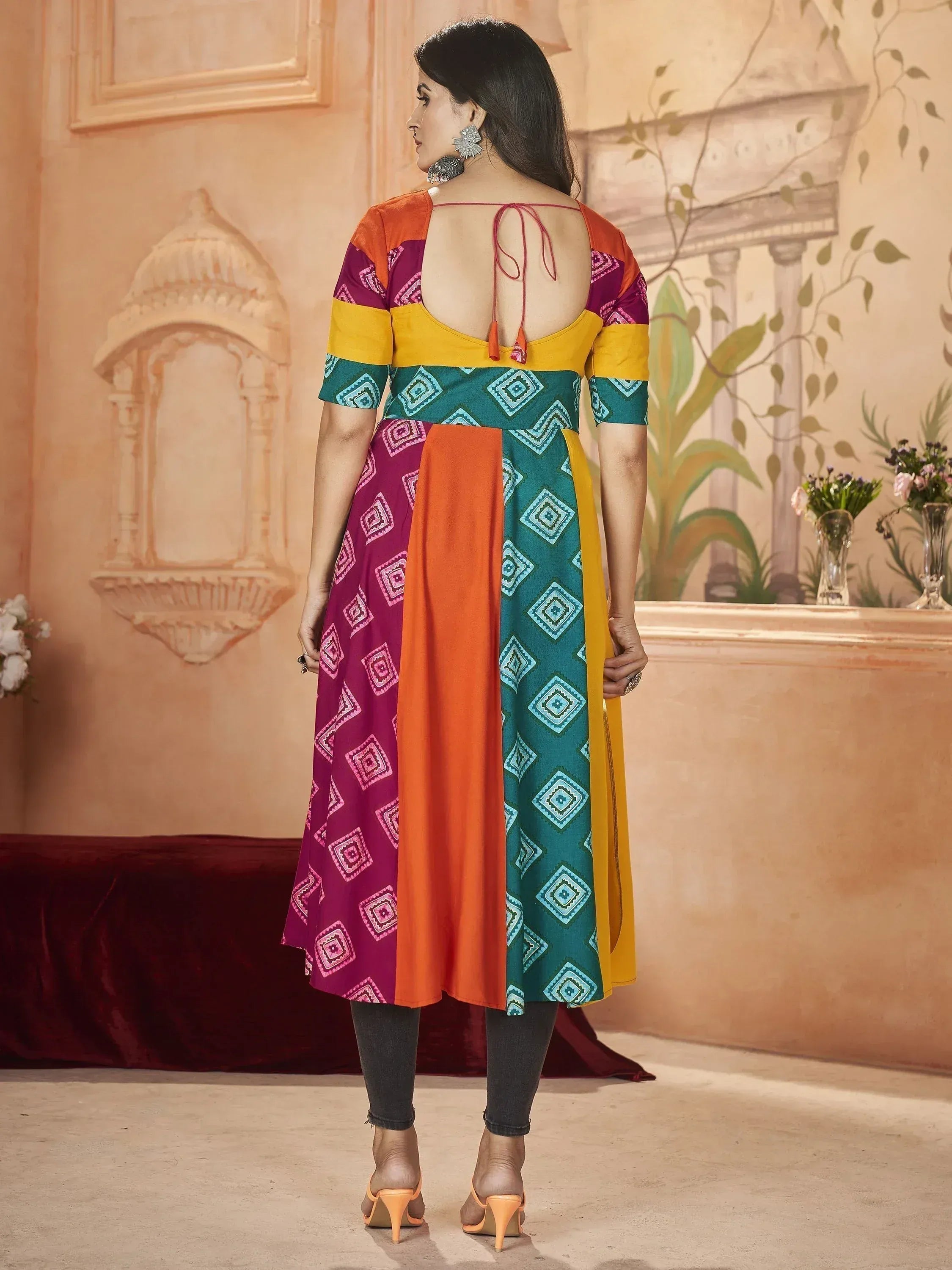 Colorful Indian ethnic gown with back tie, geometric print, and vibrant panels for women
