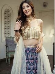 Beautiful Navy Blue Digital Printed Art Silk Reception Wear Lehenga Choli