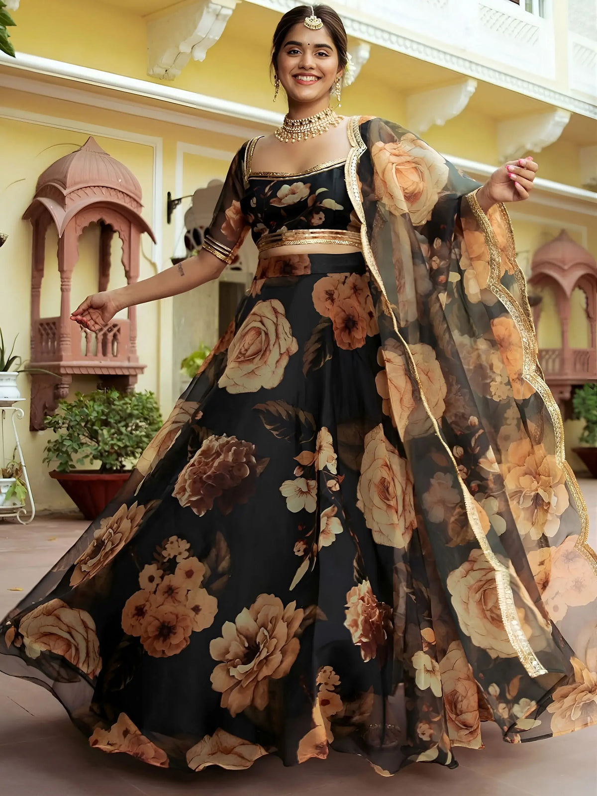 Black Floral Printed Organza  Event Wear Lehenga Choli