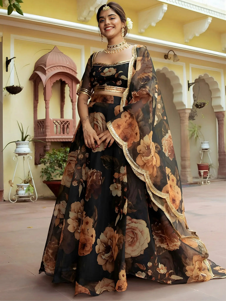 Black Floral Printed Organza  Event Wear Lehenga Choli
