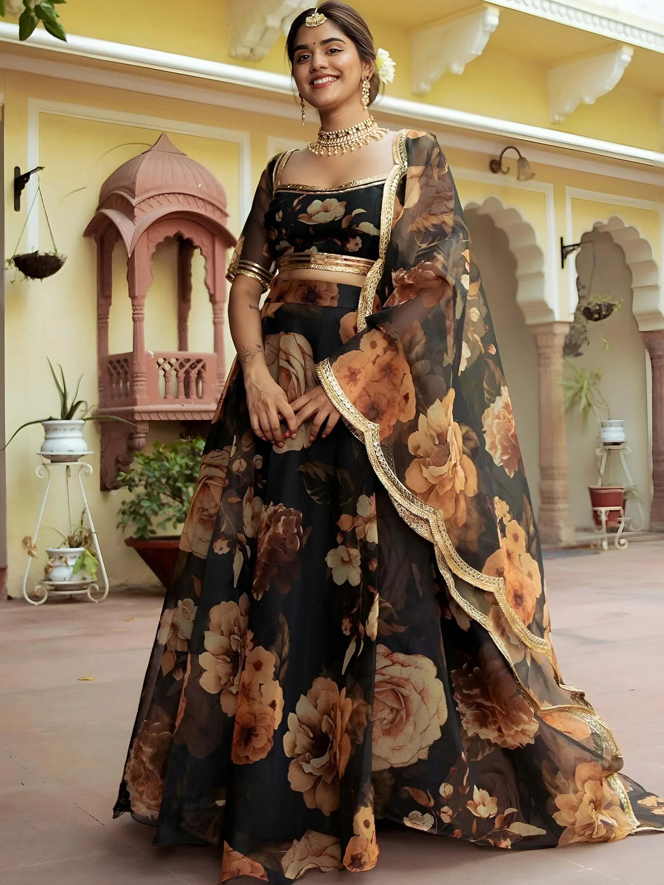 Beautiful Black Floral Printed Organza  Event Wear Lehenga Choli