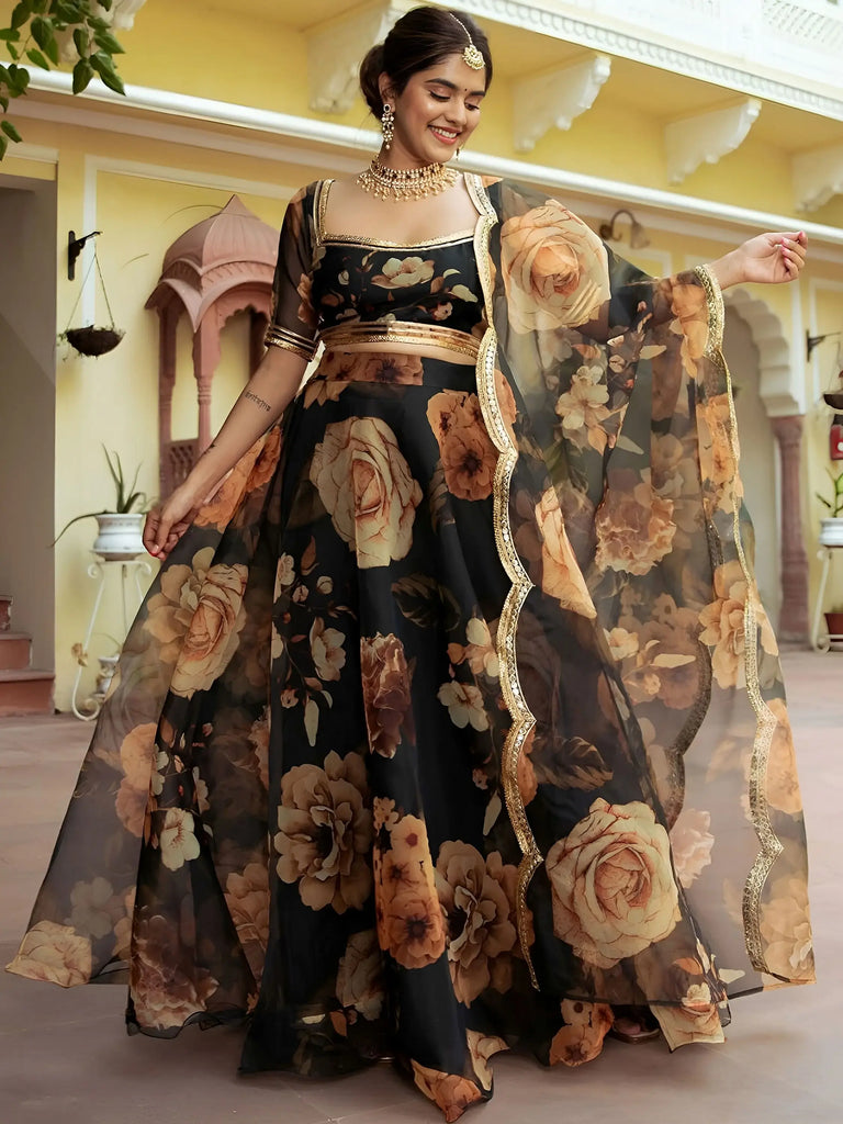 Black Floral Printed Organza  Event Wear Lehenga Choli